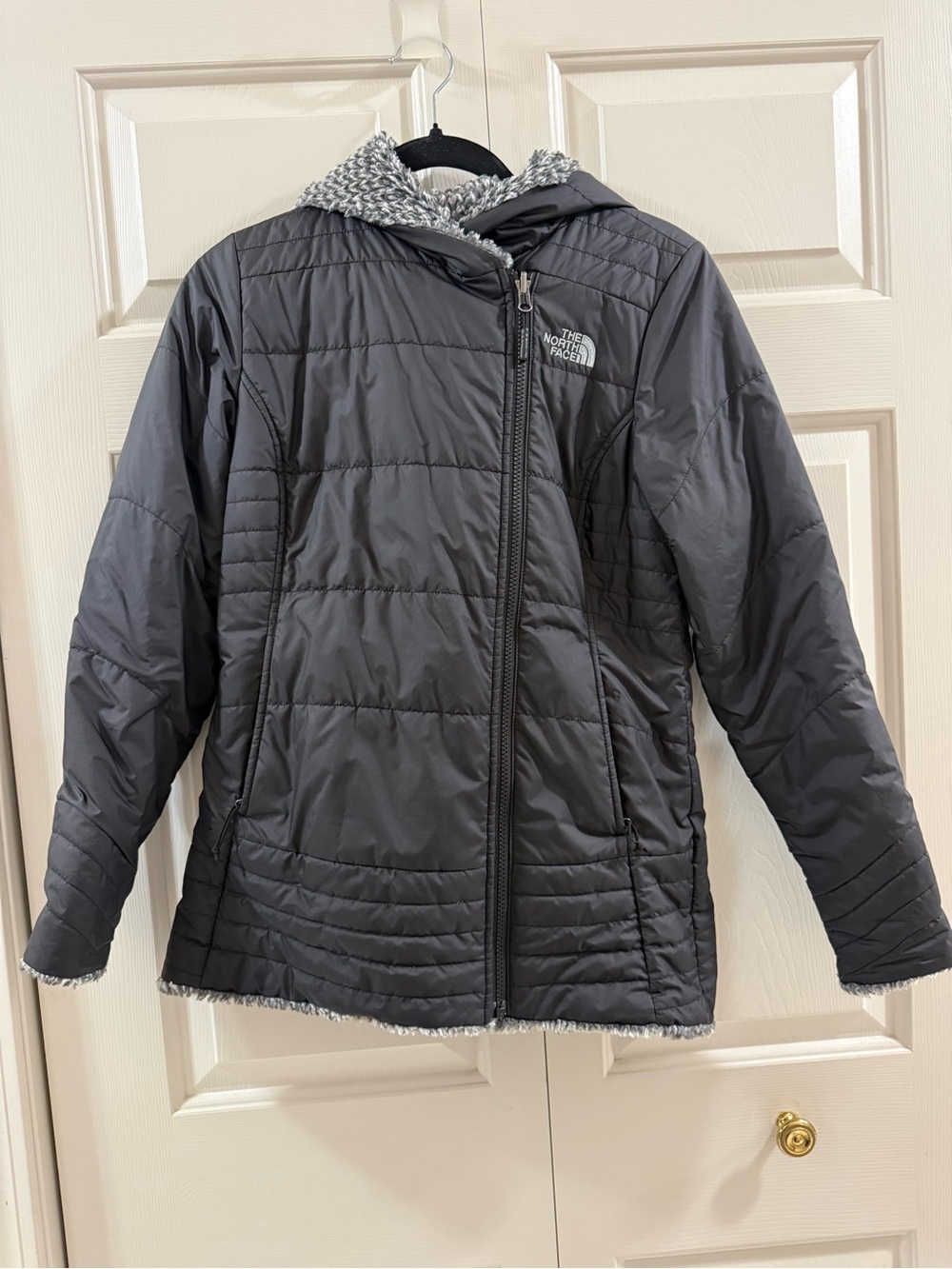 The North Face Reversible Mossbud Swirl Jacket XS Black Gray Hooded Fleece Coat